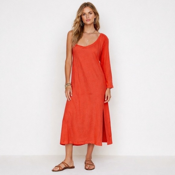 Free People Dresses & Skirts - Free‎ People Beach One Shoulder Midi / Maxi Long Sleeve Dress Red Cotton Size XS
